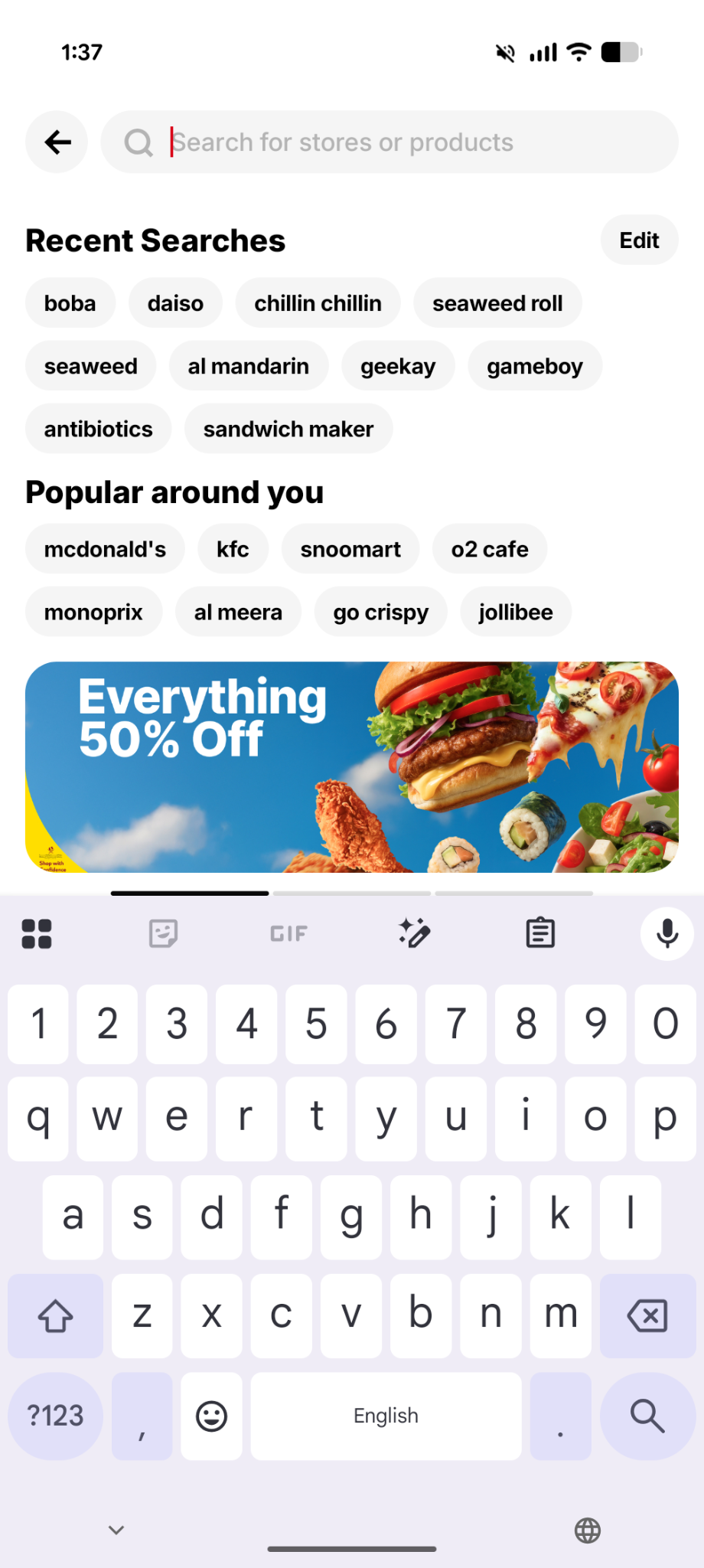 Snoonu app search screen with a promotional banner ad