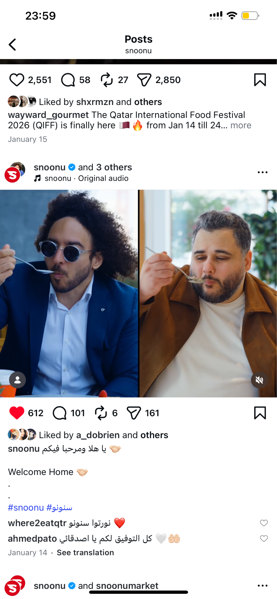 Instagram and TikTok mockups showing Snoonu social content and influencer collaborations